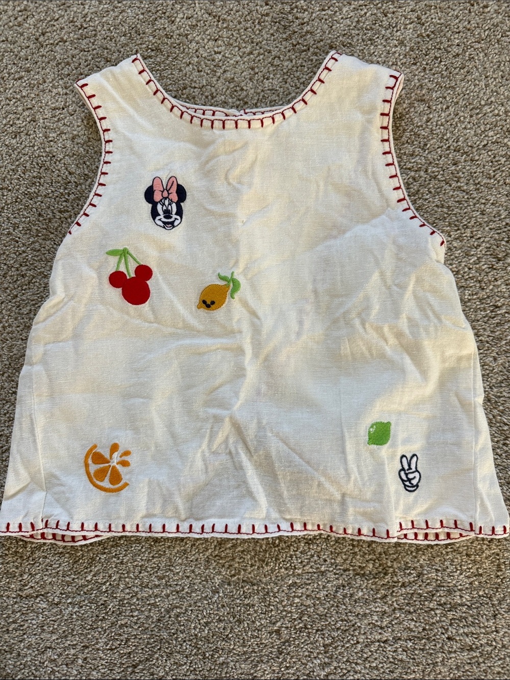 Old Navy Cream Tank with Red Trim and Fruit & Minnie Embroidery